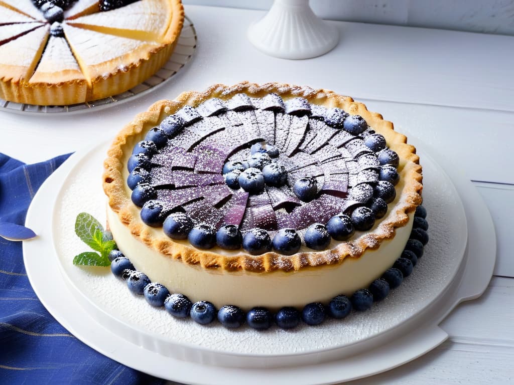  A closeup, ultradetailed image of a freshly baked blueberry tart, with a golden crust and glistening blueberries bursting with juices, set on a sleek, white ceramic plate. The tart is adorned with a light dusting of powdered sugar and a sprig of fresh mint leaves for a pop of color. The lighting is soft, highlighting the textures of the flaky crust and plump blueberries, creating a mouthwatering and visually appealing minimalistic composition. hyperrealistic, full body, detailed clothing, highly detailed, cinematic lighting, stunningly beautiful, intricate, sharp focus, f/1. 8, 85mm, (centered image composition), (professionally color graded), ((bright soft diffused light)), volumetric fog, trending on instagram, trending on tumblr, HDR 4K, 8K