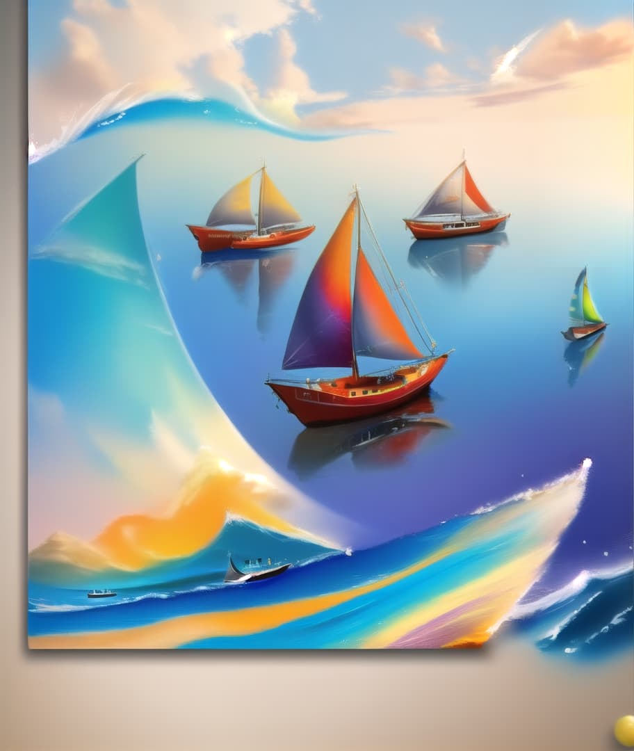  an abstract painting of, a sailboat compilation between four floating sailboats, a wave of a blue sea water, with a beautiful landscape, very colorfully presented, a face of an African woman wearing earrings, , hyperrealistic, high quality, highly detailed, cinematic lighting, intricate, sharp focus, f/1. 8, 85mm, (centered image composition), (professionally color graded), ((bright soft diffused light)), volumetric fog, trending on instagram, HDR 4K, 8K