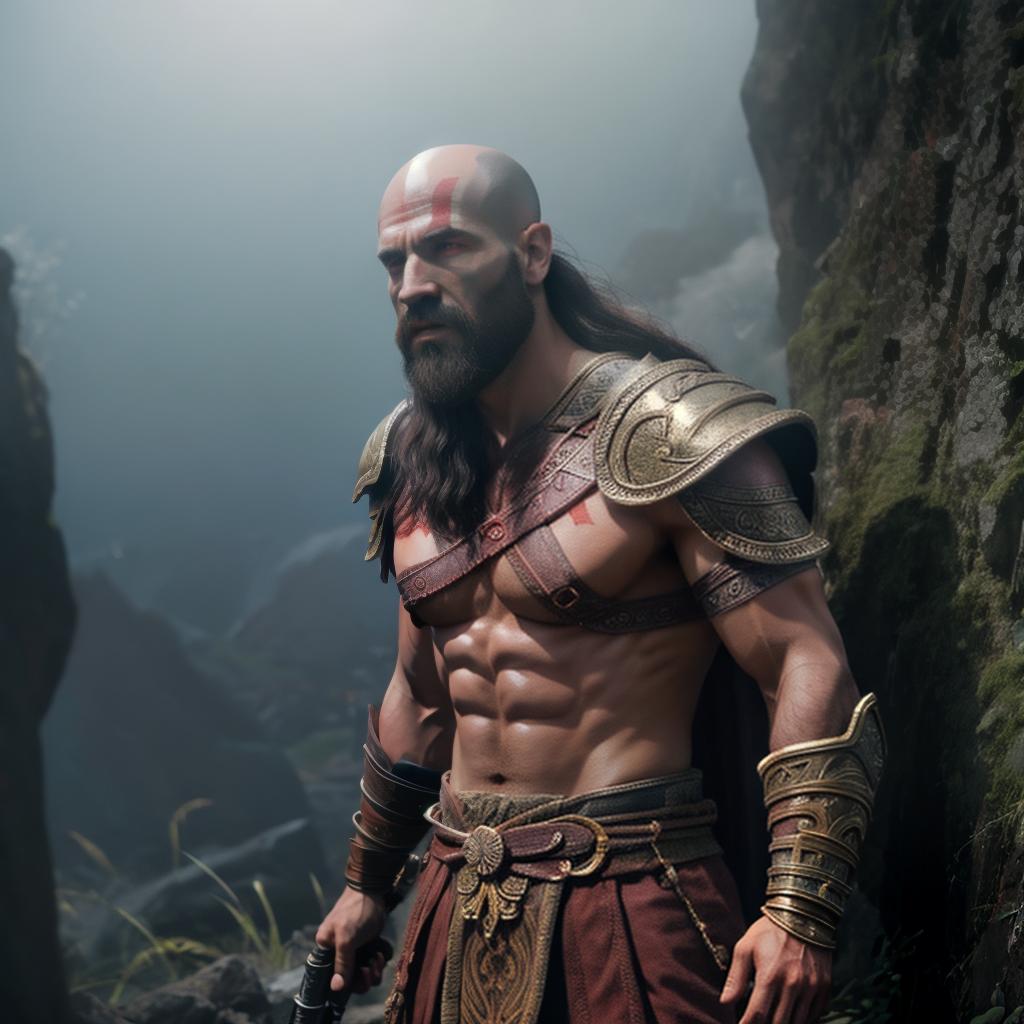  God of war hyperrealistic, full body, detailed clothing, highly detailed, cinematic lighting, stunningly beautiful, intricate, sharp focus, f/1. 8, 85mm, (centered image composition), (professionally color graded), ((bright soft diffused light)), volumetric fog, trending on instagram, trending on tumblr, HDR 4K, 8K