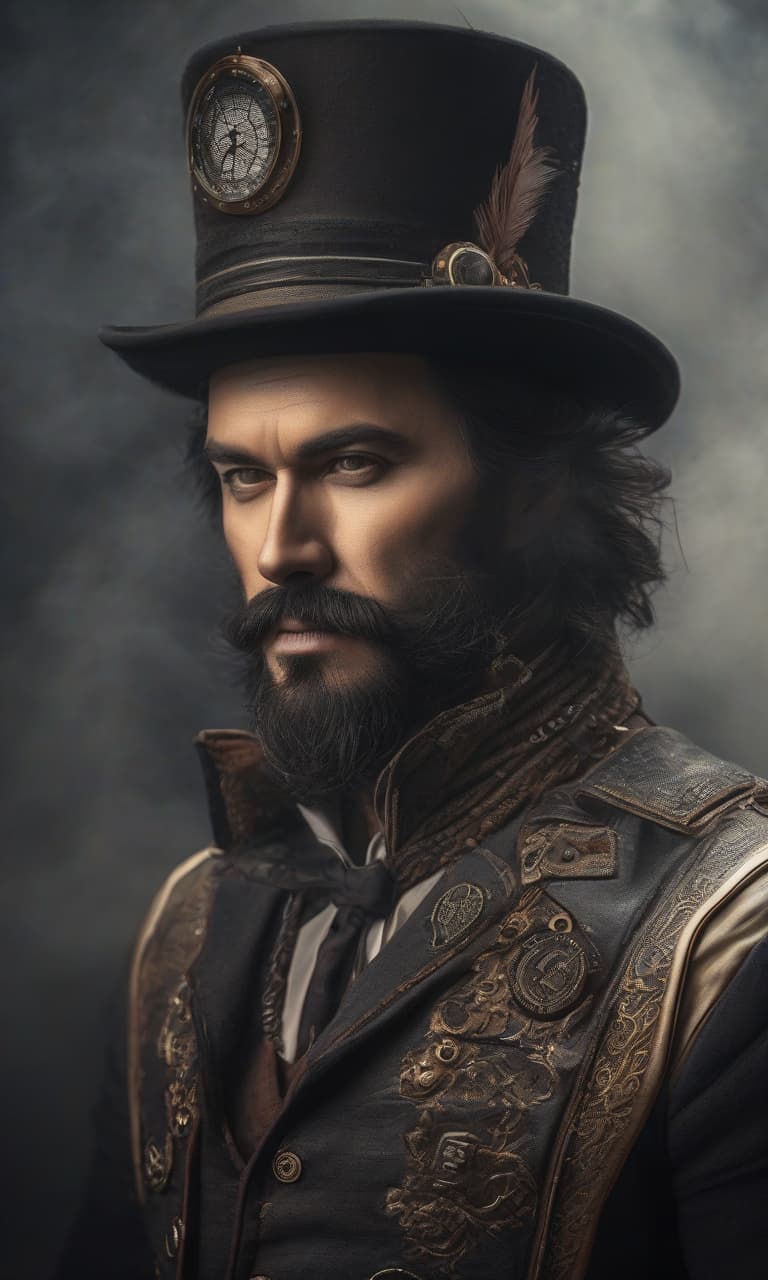  A man with black long hair and a small beard and mustache, portrait in Steampunk style. hyperrealistic, full body, detailed clothing, highly detailed, cinematic lighting, stunningly beautiful, intricate, sharp focus, f/1. 8, 85mm, (centered image composition), (professionally color graded), ((bright soft diffused light)), volumetric fog, trending on instagram, trending on tumblr, HDR 4K, 8K