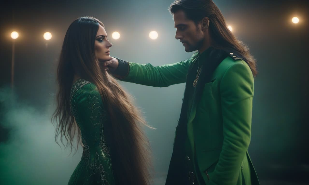  A man strokes a long haired, green eyed girl's face. hyperrealistic, full body, detailed clothing, highly detailed, cinematic lighting, stunningly beautiful, intricate, sharp focus, f/1. 8, 85mm, (centered image composition), (professionally color graded), ((bright soft diffused light)), volumetric fog, trending on instagram, trending on tumblr, HDR 4K, 8K