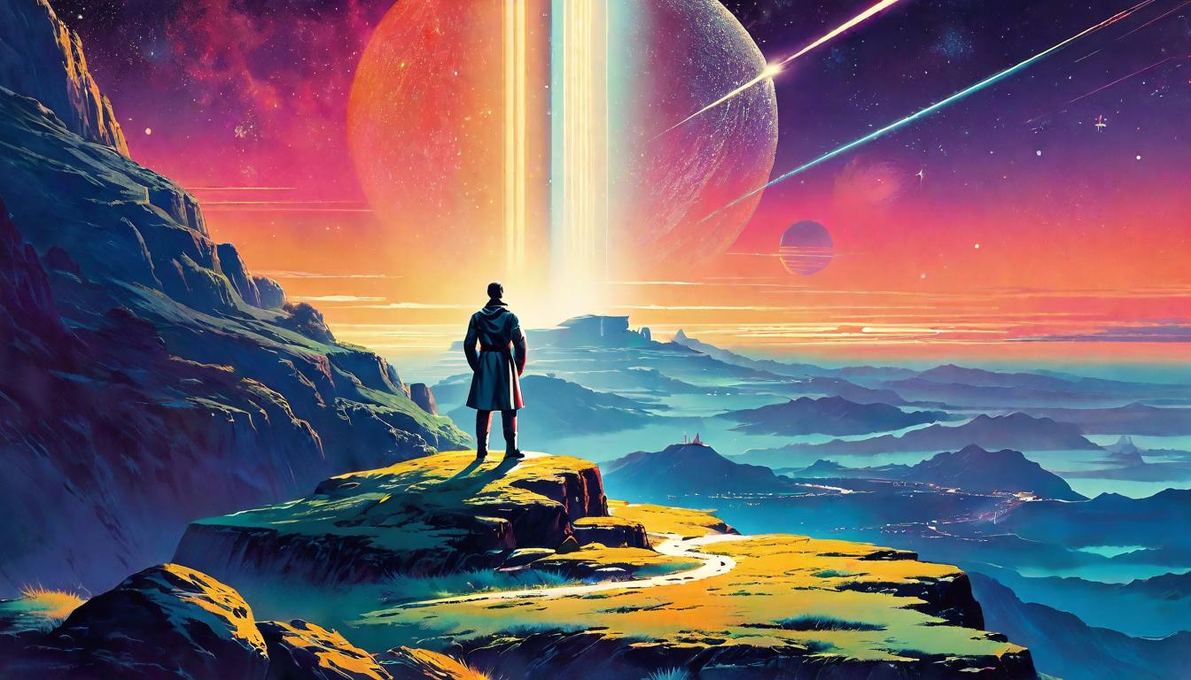  retro futuristic a person standing on a cliff edge, looking at stars, ethereal light surrounding, connection with higher purpose, destiny, clarity, higher purpose lvintage sci fi, 50s and 60s style, atomic age, vibrant, highly detailed