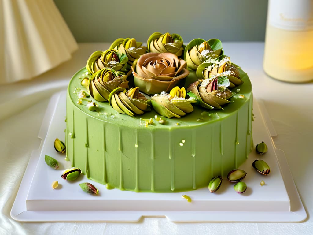  An ultradetailed photorealistic closeup image of a decadent pistachio and rosewater cake garnished with a generous amount of vibrant Iranian pistachios, showcasing the intricate layers of moist sponge, creamy frosting, and crunchy nuts. The cake is elegantly presented on a glossy white porcelain plate, with delicate rose petals scattered around, highlighting the rich green hues and luxurious texture of the pistachios, enticing the readers to indulge in the opulent world of Iranian pistachioinfused desserts. hyperrealistic, full body, detailed clothing, highly detailed, cinematic lighting, stunningly beautiful, intricate, sharp focus, f/1. 8, 85mm, (centered image composition), (professionally color graded), ((bright soft diffused light)), volumetric fog, trending on instagram, trending on tumblr, HDR 4K, 8K