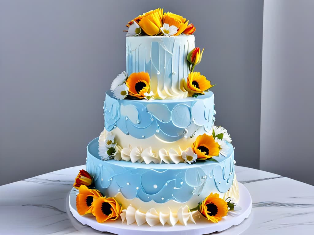  A closeup, ultradetailed image of a perfectly frosted threetiered wedding cake, with intricate floral piping in pastel colors cascading down the sides. The cake sits on a sleek, marble countertop with soft, diffused lighting highlighting every delicate detail of the frosting work. hyperrealistic, full body, detailed clothing, highly detailed, cinematic lighting, stunningly beautiful, intricate, sharp focus, f/1. 8, 85mm, (centered image composition), (professionally color graded), ((bright soft diffused light)), volumetric fog, trending on instagram, trending on tumblr, HDR 4K, 8K