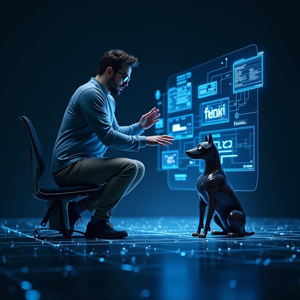  a futuristic scene with a human operator interacting with a holographic interface labeled 'flux controlnet' on modelslab. the operator is surrounded by glowing blue circuits and floating digital panels, controlling the flow of data streams. a robotic companion dog sits nearby, its eyes glowing with the same energy as the interface. the background is dark with a tech grid, and the human’s gestures direct the interconnected nodes of the system.