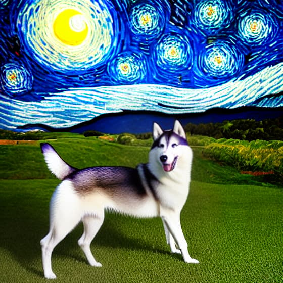  husky dog in style of starry night by vincent van gogh hyperrealistic, full body, detailed clothing, highly detailed, cinematic lighting, stunningly beautiful, intricate, sharp focus, f/1. 8, 85mm, (centered image composition), (professionally color graded), ((bright soft diffused light)), volumetric fog, trending on instagram, trending on tumblr, HDR 4K, 8K