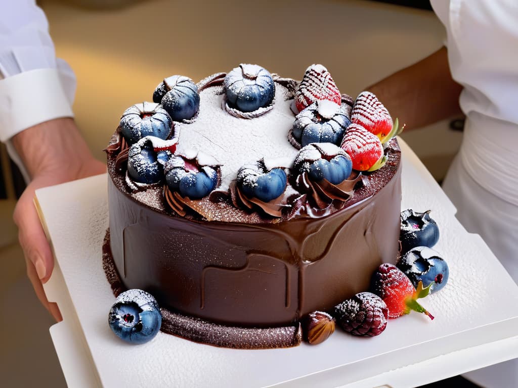  An ultradetailed image of a chef's hands delicately placing vibrant, seasonal berries on top of a decadent chocolate cake. The image showcases the intricate textures of the glossy berries, the rich, velvety cake, and the subtle dusting of powdered sugar on a pristine, white marble countertop. The play of light and shadow highlights the meticulous attention to detail in the dessert creation process, inviting viewers to immerse themselves in the art of seasonal pastrymaking through Augmented Reality. hyperrealistic, full body, detailed clothing, highly detailed, cinematic lighting, stunningly beautiful, intricate, sharp focus, f/1. 8, 85mm, (centered image composition), (professionally color graded), ((bright soft diffused light)), volumetric fog, trending on instagram, trending on tumblr, HDR 4K, 8K