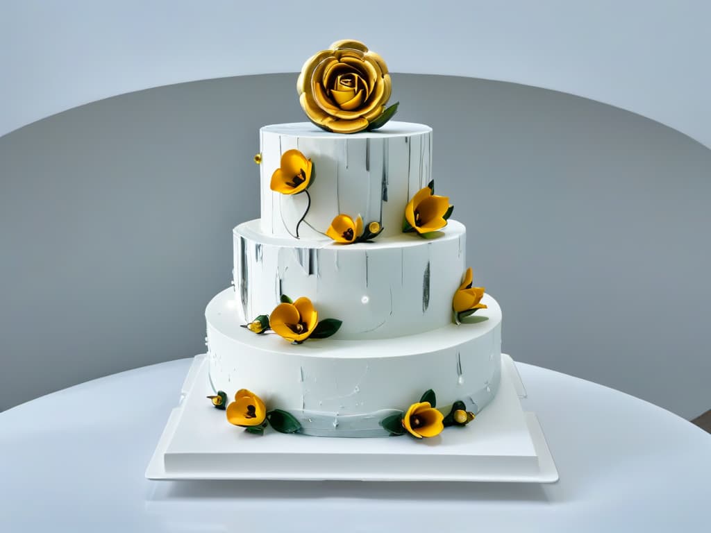  An ultradetailed 8k image of a modern, sleek kitchen with marble countertops and minimalist white cabinets. In the center of the kitchen, there is a beautifully intricate Renaissanceinspired cake adorned with elaborate sugar flowers and delicate gold leaf detailing. The cake stands as a symbol of the fusion between Renaissance artistry and modern pastry techniques, showcasing how the past continues to inspire contemporary culinary creations. hyperrealistic, full body, detailed clothing, highly detailed, cinematic lighting, stunningly beautiful, intricate, sharp focus, f/1. 8, 85mm, (centered image composition), (professionally color graded), ((bright soft diffused light)), volumetric fog, trending on instagram, trending on tumblr, HDR 4K, 8K