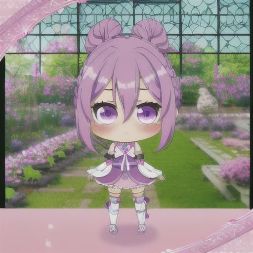  purple. twin bun hair. hair armament. hair between eyes. hair bun. jewelry. indoors. garden. lattice 8k. oshare kei. girl. cute. kawaii. background cute cosmetics. blurred blush painting. full body