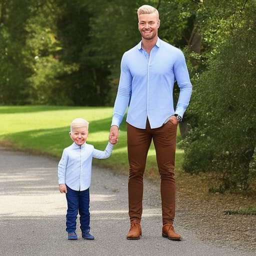  A blond boy with blue eyes and his dad