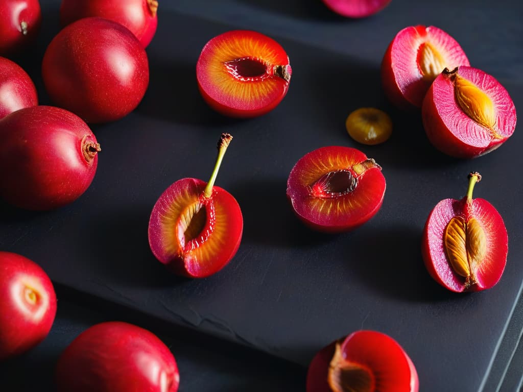  A closeup, ultradetailed image of a vibrant pink camu camu fruit sliced in half, showcasing the intricate patterns of its seeds and the rich, juicy texture of the pulp. The fruit is placed on a sleek, matte black surface with a soft, diffused light illuminating it from the side, creating a dramatic yet minimalist composition that highlights the natural beauty and freshness of the camu camu. hyperrealistic, full body, detailed clothing, highly detailed, cinematic lighting, stunningly beautiful, intricate, sharp focus, f/1. 8, 85mm, (centered image composition), (professionally color graded), ((bright soft diffused light)), volumetric fog, trending on instagram, trending on tumblr, HDR 4K, 8K