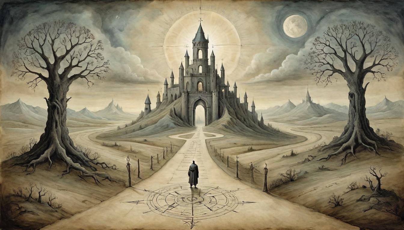  on parchment, surrealism+++, A figure with eyes open wide, standing at a crossroads, paths diverging towards light and dark horizons. Symbolizes the redirection of life's purpose, journey of faith, crossroads of destiny, dramatic choice.(mysterious, provocative, symbolic,muted color)+++