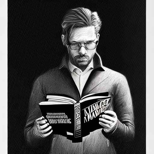 dublex style drawing, b&w, man in glasses, reading book, sitting, nature skins the man