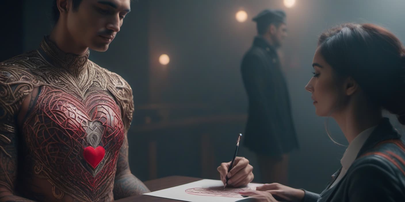  a girl is drawing a heart on a man's body hyperrealistic, full body, detailed clothing, highly detailed, cinematic lighting, stunningly beautiful, intricate, sharp focus, f/1. 8, 85mm, (centered image composition), (professionally color graded), ((bright soft diffused light)), volumetric fog, trending on instagram, trending on tumblr, HDR 4K, 8K