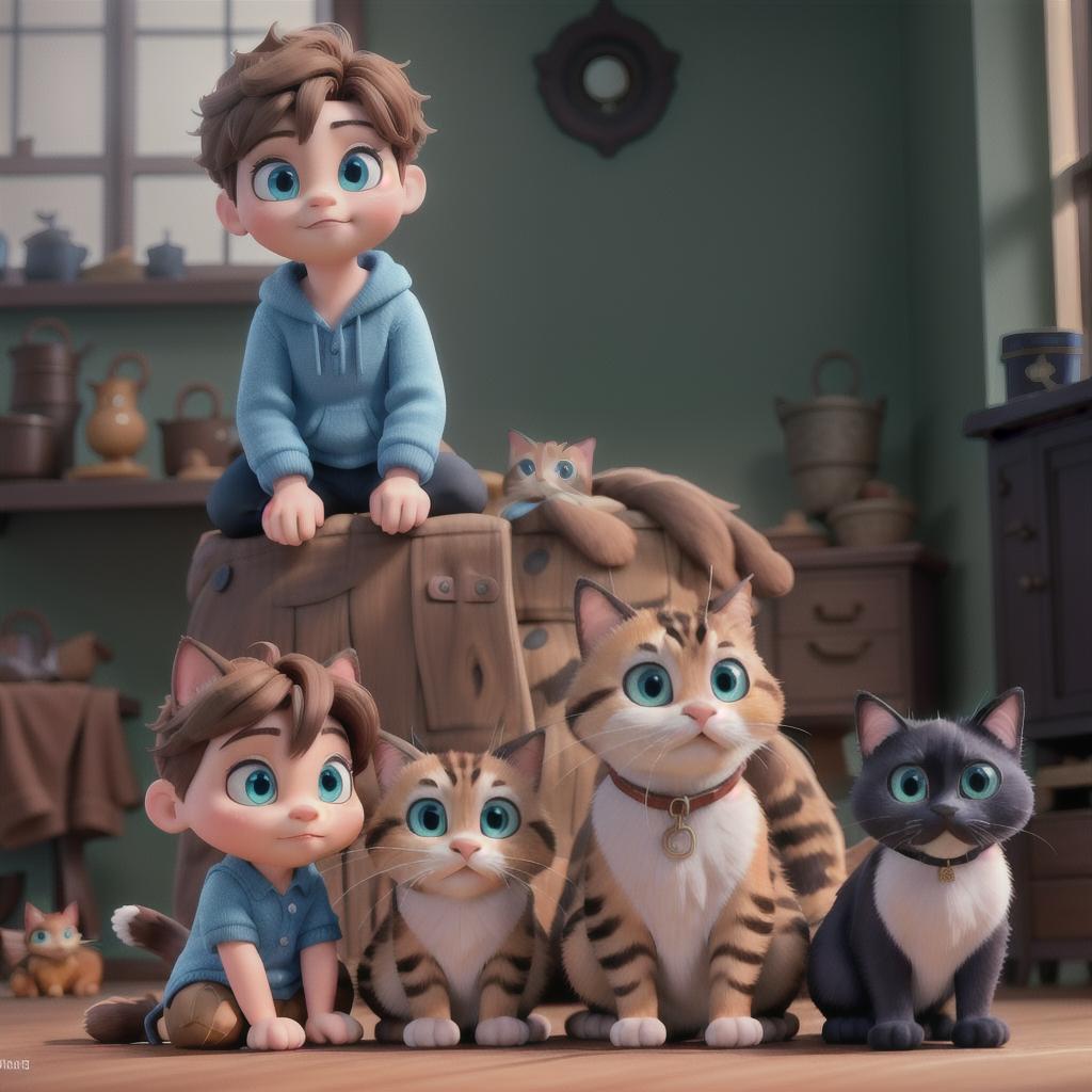  Disney baby boy with brown hair and blue eyes sitting with a fat black cat and a ginger and white cat hyperrealistic, full body, detailed clothing, highly detailed, cinematic lighting, stunningly beautiful, intricate, sharp focus, f/1. 8, 85mm, (centered image composition), (professionally color graded), ((bright soft diffused light)), volumetric fog, trending on instagram, trending on tumblr, HDR 4K, 8K