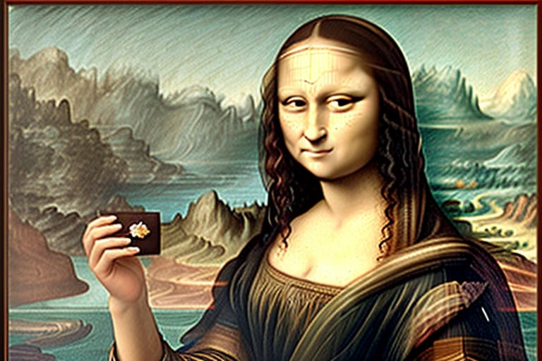  The Mona Lisa holding a white plate of fine dark chocolate candy pieces. background expanded. Painted in the style of Leonardo Da Vinci.