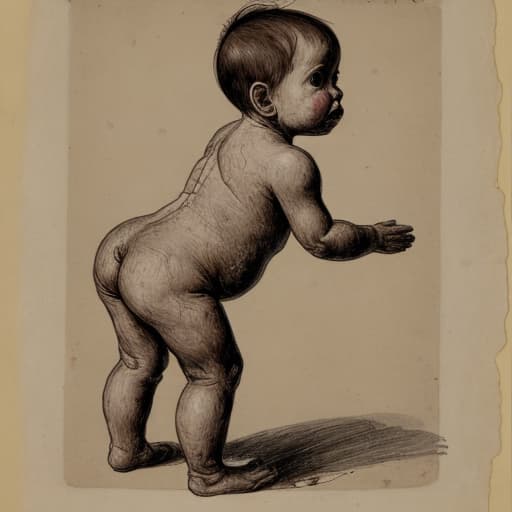  draw, viewed from the side, a human-like of about old stands upright on two , timidly like a , and she poops a big mess in her diaper, a very poopy and very dark brown bulging