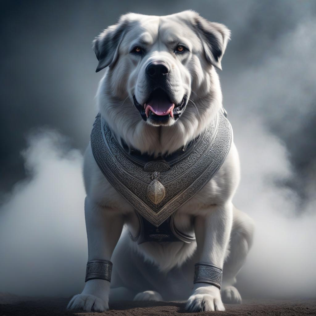  Huge fighting dog. Fantastic, silver colored dog. A very big dog. hyperrealistic, full body, detailed clothing, highly detailed, cinematic lighting, stunningly beautiful, intricate, sharp focus, f/1. 8, 85mm, (centered image composition), (professionally color graded), ((bright soft diffused light)), volumetric fog, trending on instagram, trending on tumblr, HDR 4K, 8K