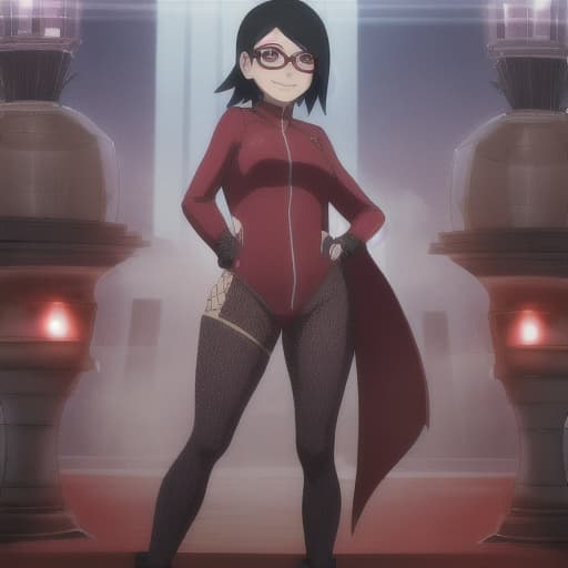  Sarada Uchiha, hands on hips, fishnet body suit, big hips, wide legs, small breast, smiling hyperrealistic, full body, detailed clothing, highly detailed, cinematic lighting, stunningly beautiful, intricate, sharp focus, f/1. 8, 85mm, (centered image composition), (professionally color graded), ((bright soft diffused light)), volumetric fog, trending on instagram, trending on tumblr, HDR 4K, 8K