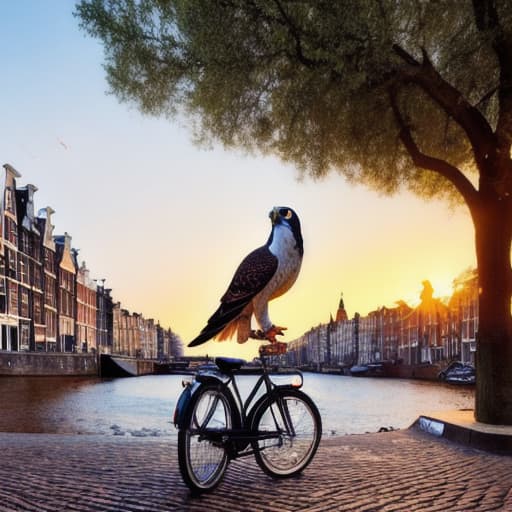  A Falcon from the 30s on the streets of Amsterdam between a beautiful sunset and an olive tree in front of it and a pigeon in the