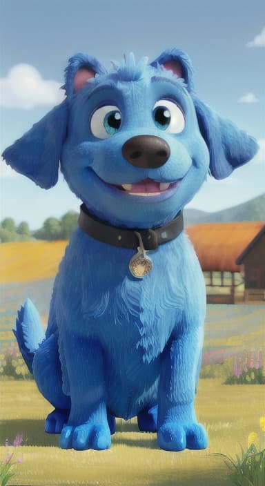  {A happy, big blue dog wagging its tail in a colorful meadow, The big blue dog is large with sky blue fur, big round eyes, a black nose, and floppy ears.