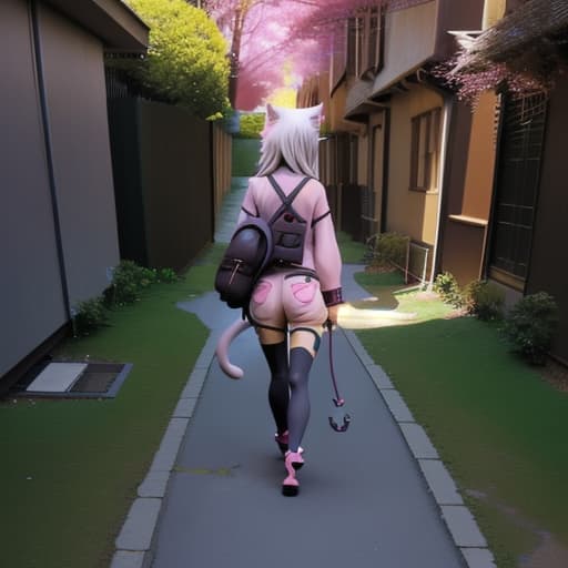  a anime cat girl walking into a realistic world