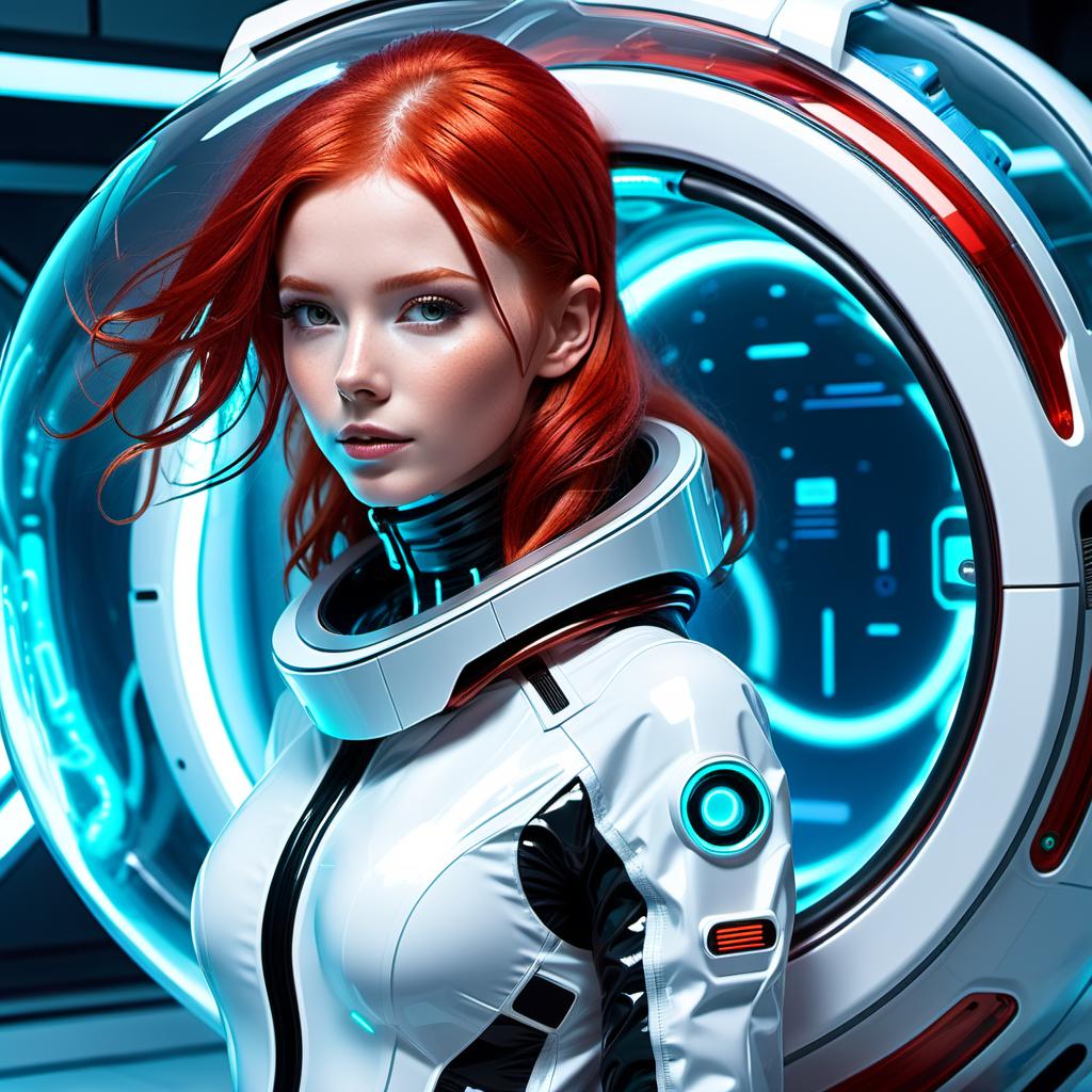  sci-fi style A red-haired girl in a vacuum package from which the air has been removed. . futuristic, technological, alien worlds, space themes, advanced civilizations
