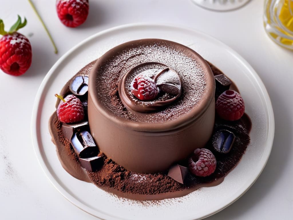  A closeup, ultradetailed image of a decadent and creamy chocolate mousse topped with a sprinkle of dark cocoa powder, surrounded by a few fresh raspberries on a sleek, white minimalist plate. The mousse appears velvety smooth, with a rich, glossy sheen, inviting the viewer to indulge in its luscious texture and deep cocoa aroma. The contrast between the dark chocolate dessert and the vibrant red of the raspberries creates a visually striking composition that exudes elegance and sophistication, perfectly capturing the essence of a guiltfree yet indulgent chocolate treat. hyperrealistic, full body, detailed clothing, highly detailed, cinematic lighting, stunningly beautiful, intricate, sharp focus, f/1. 8, 85mm, (centered image composition), (professionally color graded), ((bright soft diffused light)), volumetric fog, trending on instagram, trending on tumblr, HDR 4K, 8K