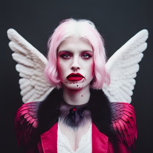 analog style angel with black wings with blood, pink eyes and white hair, full body