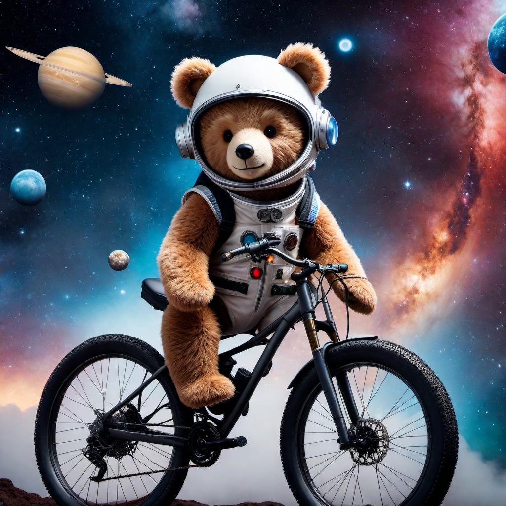  A teddy bear riding a bike in outer space. The teddy bear is wearing a space helmet and has a cute, adventurous expression. The bike should look futuristic with glowing wheels and it's floating among stars and planets in the backdrop of a colorful nebula. hyperrealistic, full body, detailed clothing, highly detailed, cinematic lighting, stunningly beautiful, intricate, sharp focus, f/1. 8, 85mm, (centered image composition), (professionally color graded), ((bright soft diffused light)), volumetric fog, trending on instagram, trending on tumblr, HDR 4K, 8K