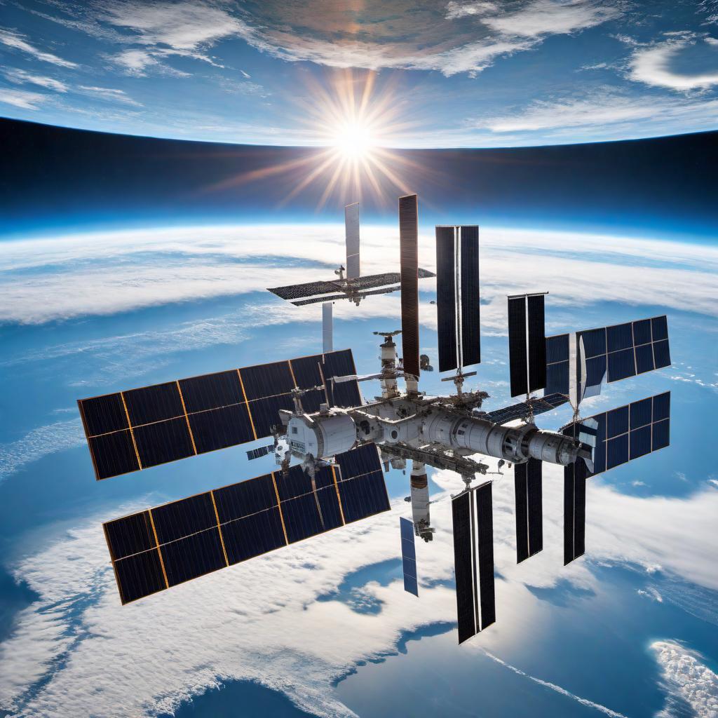  A conceptual illustration of the International Space Station (ISS) orbiting a flat Earth model for entertainment purposes. In the scene, the flat Earth is depicted as a circular plane with detailed landscapes, oceans, and continents. The ISS hovers above the flat plane, with its distinctive solar panels extended. The station's modules and components are clearly visible. Below the ISS, the flat Earth surface is shown with clear skies, some clouds, and a bright sun. The overall scene is portrayed in a semi-realistic style to enhance the concept for entertainment purposes. hyperrealistic, full body, detailed clothing, highly detailed, cinematic lighting, stunningly beautiful, intricate, sharp focus, f/1. 8, 85mm, (centered image composition), (professionally color graded), ((bright soft diffused light)), volumetric fog, trending on instagram, trending on tumblr, HDR 4K, 8K