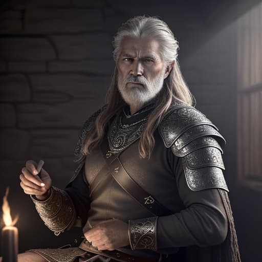  Highest quality, masterpiece, photorealistic, medium shot, RAW photo, of (a weary-looking but still proud and fierce-looking old Viking warrior, now the leader of his village, dressed in elaborately detailed chain mail and leather armour, sitting on a carved wooden throne furrowed with Viking runes and symbols, in the village meeting hall, on his lap rests an elaborately carved and beautifully crafted longsword, a few torches burn on the walls, giving the scene a dark atmosphere but sculpting the forms in sharp chiaroscuro), it is night time, (highly detailed skin), skin texture, (detailed face), detailed background, sharp focus, dark lighting, twilight lighting, volumetric lighting, highly detailed, intricate details, 8k, highly detailed,  hyperrealistic, full body, detailed clothing, highly detailed, cinematic lighting, stunningly beautiful, intricate, sharp focus, f/1. 8, 85mm, (centered image composition), (professionally color graded), ((bright soft diffused light)), volumetric fog, trending on instagram, trending on tumblr, HDR 4K, 8K