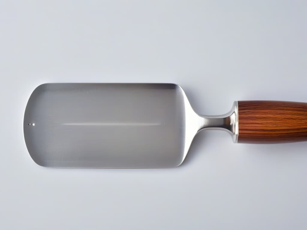  A closeup, ultradetailed image of a sleek, stainless steel offset spatula with a polished wooden handle, showcasing its precise craftsmanship and elegant design. The spatula is set against a soft, neutral background to emphasize its minimalist aesthetic, with subtle lighting that highlights the fine contours and reflective surface of the tool. hyperrealistic, full body, detailed clothing, highly detailed, cinematic lighting, stunningly beautiful, intricate, sharp focus, f/1. 8, 85mm, (centered image composition), (professionally color graded), ((bright soft diffused light)), volumetric fog, trending on instagram, trending on tumblr, HDR 4K, 8K