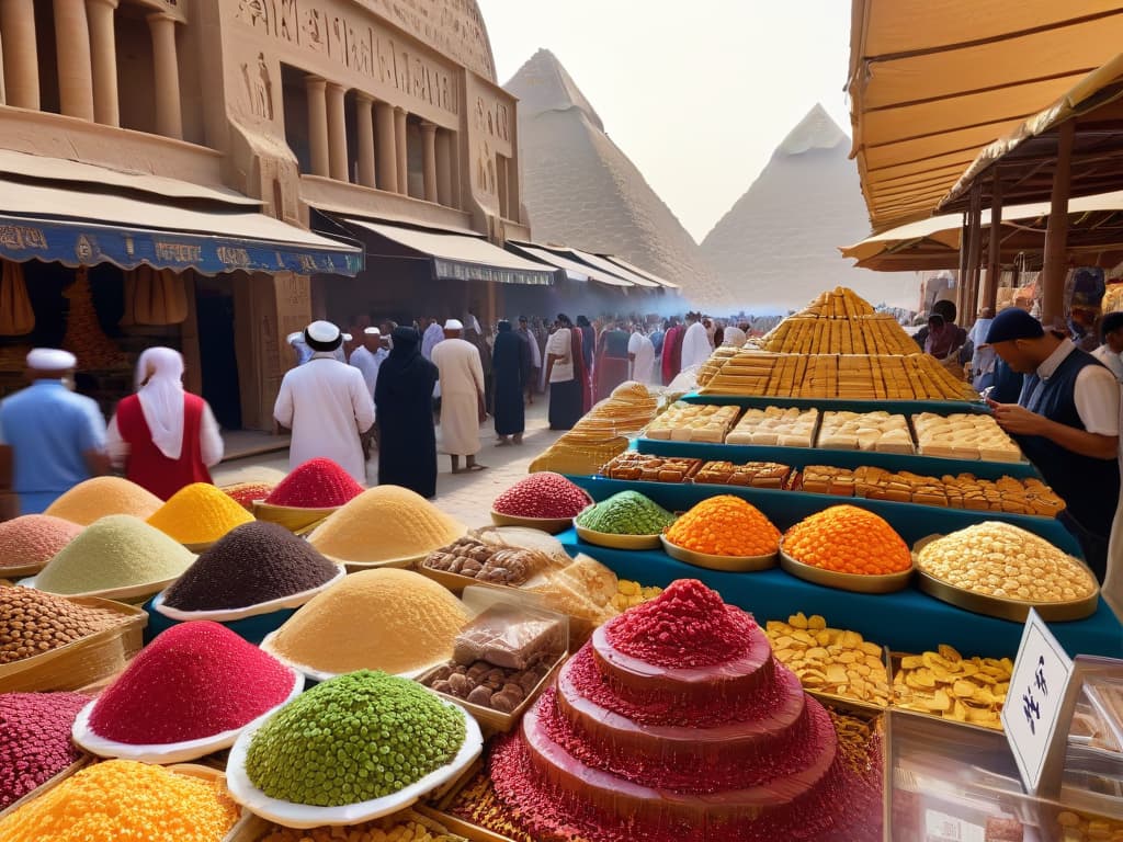  An ultradetailed illustration of a bustling ancient Egyptian marketplace, with vendors selling a colorful array of traditional sweets and desserts. The scene is filled with intricate hieroglyphics, ornate pottery, and people dressed in traditional Egyptian attire. The background features iconic Egyptian architecture, including pyramids and temples, under a clear blue sky. hyperrealistic, full body, detailed clothing, highly detailed, cinematic lighting, stunningly beautiful, intricate, sharp focus, f/1. 8, 85mm, (centered image composition), (professionally color graded), ((bright soft diffused light)), volumetric fog, trending on instagram, trending on tumblr, HDR 4K, 8K