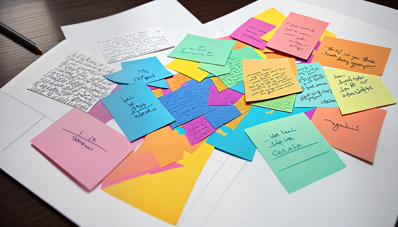  digital illustration, Colorful post it notes with handwritten thoughts, shared insights, expression, community, looking at viewer, dynamic pose, (intricate details, masterpiece, best quality)