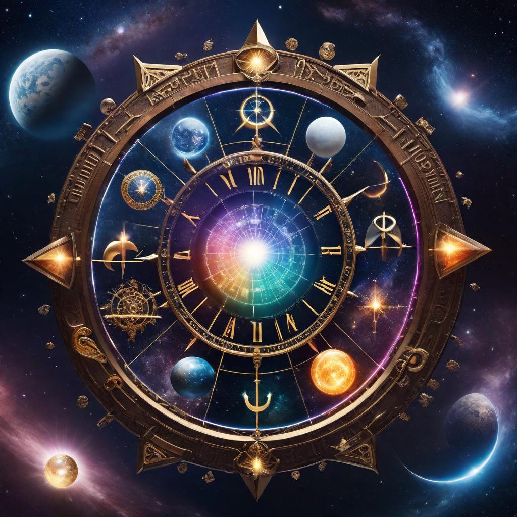  A celestial-themed background featuring an astrological wheel with zodiac signs. In the center, there's a glowing orb representing the cosmos. Around the wheel, there are icons representing birth chart readings, daily horoscopes, compatibility insights, astrological forecasts, and mystical insights, each with mystical and magical elements. Text overlays each icon with the corresponding service name: Birth Chart Readings, Daily Horoscopes, Compatibility Insights, Astrological Forecasts, Mystical Insights. hyperrealistic, full body, detailed clothing, highly detailed, cinematic lighting, stunningly beautiful, intricate, sharp focus, f/1. 8, 85mm, (centered image composition), (professionally color graded), ((bright soft diffused light)), volumetric fog, trending on instagram, trending on tumblr, HDR 4K, 8K