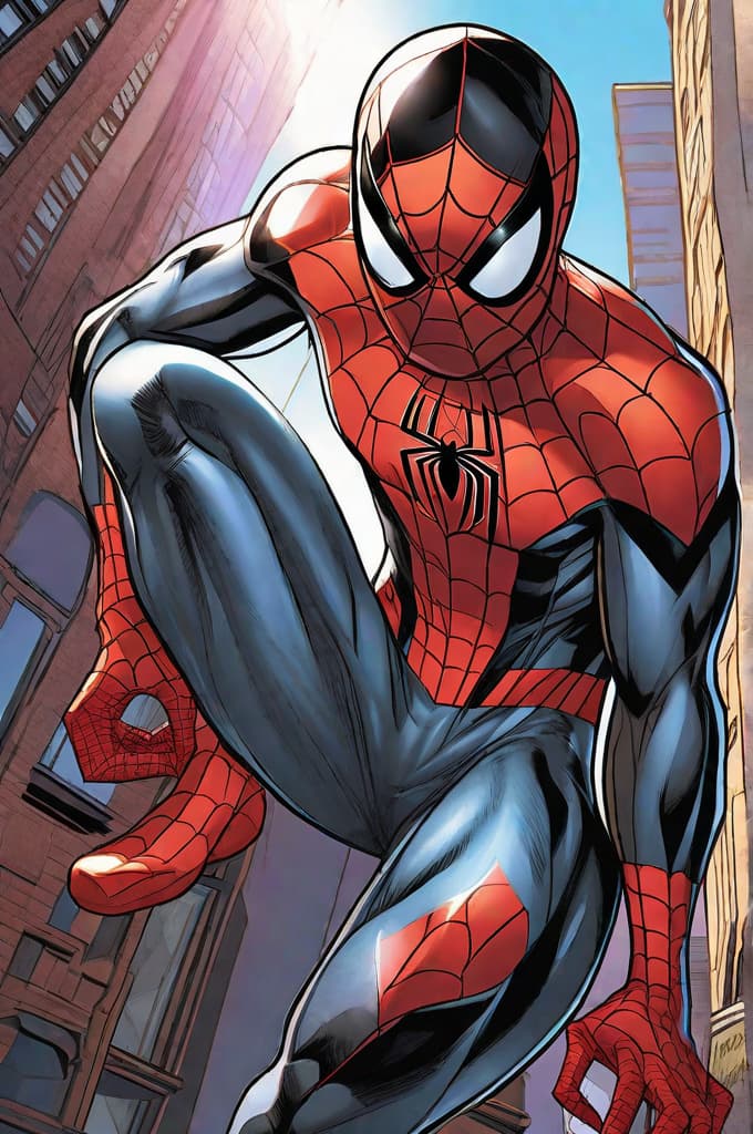  Spiderman Miles Morales en una pose épica con un fondo de nueva york cubierto por pocas telas de arañas, marvel comic panel, dc animated comic panel, comic panel, manga and manhwa style panel, portrait, young person face, style for marvel comic, anime comic panel style hyperrealistic, full body, detailed clothing, highly detailed, cinematic lighting, stunningly beautiful, intricate, sharp focus, f/1. 8, 85mm, (centered image composition), (professionally color graded), ((bright soft diffused light)), volumetric fog, trending on instagram, trending on tumblr, HDR 4K, 8K