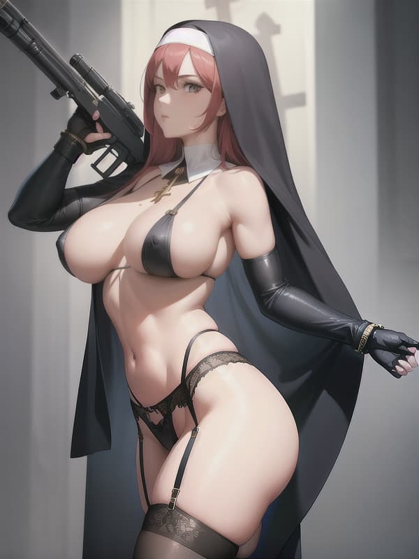  Sexy female nuns , holding machine guns , masterpiece, highly detailed, 4k , showing some bare, garter belts made of bullets , realistic, crucifix around necks, perfect, no malformation, beautiful