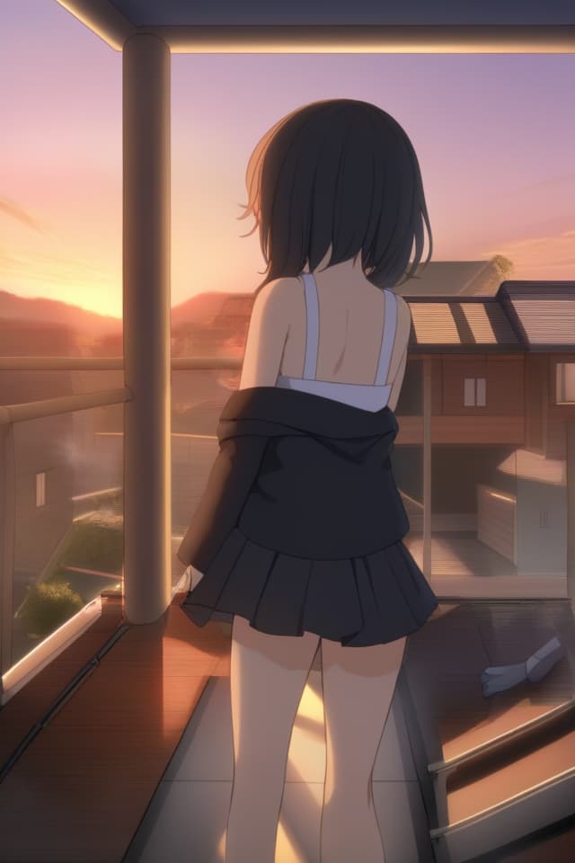  ((High quality, high quality, super resolution, good anatomy)) MasterPEACE, Best of the Best A beautiful black triple ided rooftop sweet that matches a small, cute female picture High student cider sunset