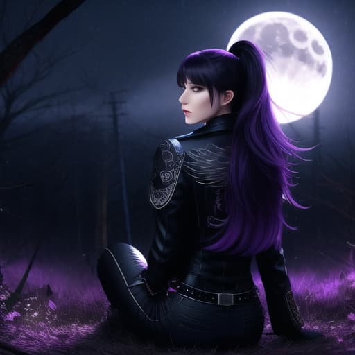  Insanely Detailed, Photorealistic back shot of a beautiful punkangel sitting on a crescent moon, night, purple and black punk clothes, large black wings, long pigtails, haunting, blurry background, angsty, professional photography, dynamic lighting, intricate details, 16k resolution, beautifully shot, hyperrealistic, clean sharp focus, bokeh, perfect composition, high contrast, bright colors, bold colors, film grain, Girl, solo, nighttime, creepy night, anarchy atmosphere, evil smile, parted lips, very long hair, beautiful eyes, moon, moonlight, moonlit, forest, tree, shadows, dark, darkness, masterpiece, ultra-high realistic, ultra-high detailed, illustration, sharp focus, power line, female focus, illustration, extremely detailed illust