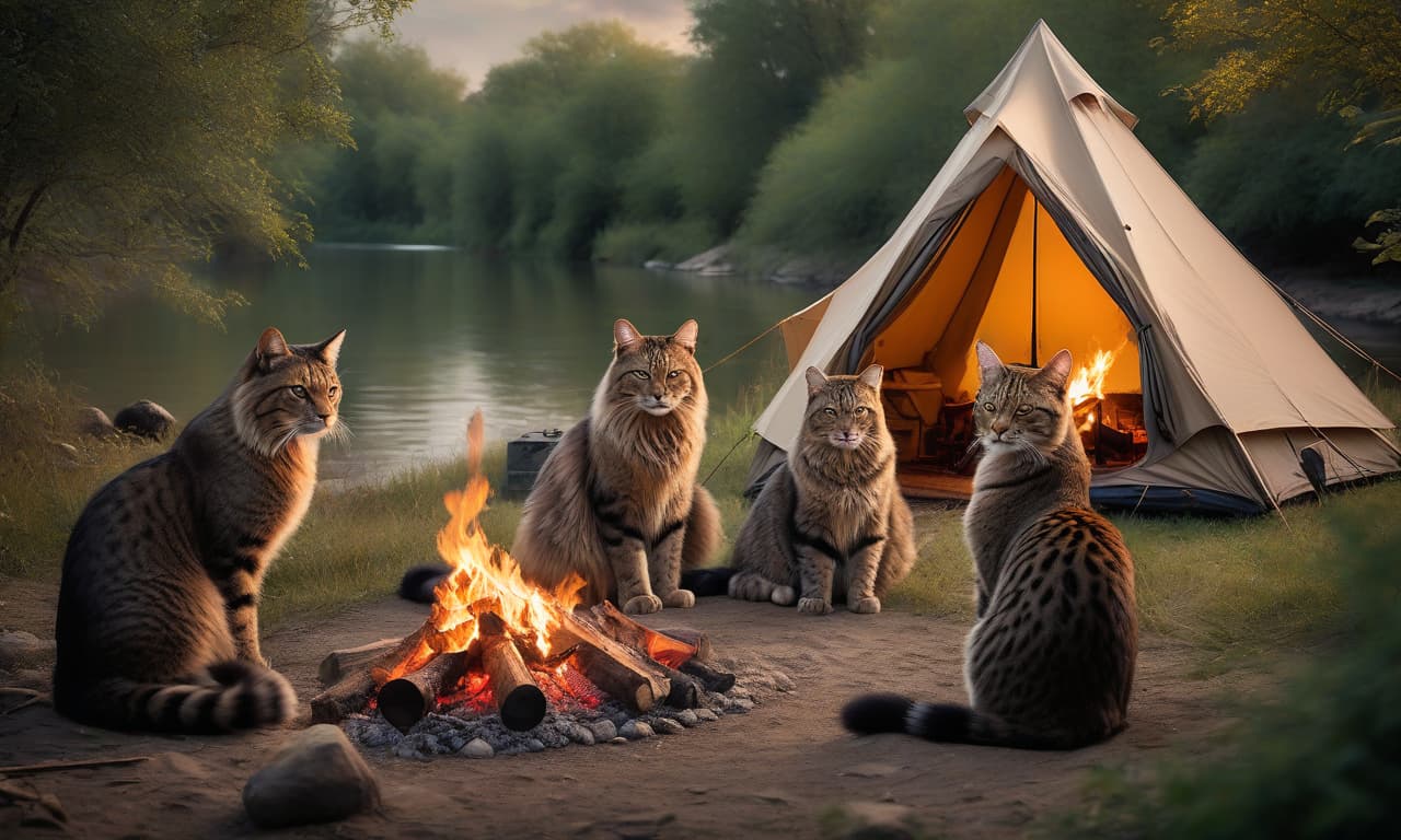  A large cat family set up a tent camp by the riverbank and arranged themselves around a fire with a guitar. hyperrealistic, full body, detailed clothing, highly detailed, cinematic lighting, stunningly beautiful, intricate, sharp focus, f/1. 8, 85mm, (centered image composition), (professionally color graded), ((bright soft diffused light)), volumetric fog, trending on instagram, trending on tumblr, HDR 4K, 8K