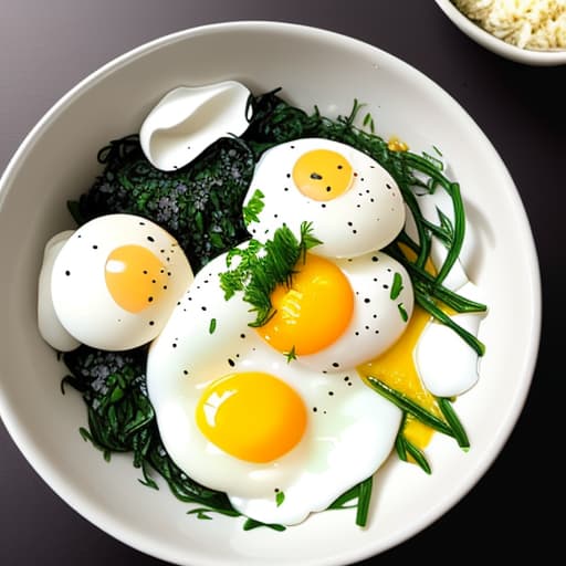  Yummy perfect poached egg with a bowl of well-seasoned rice and seaweed