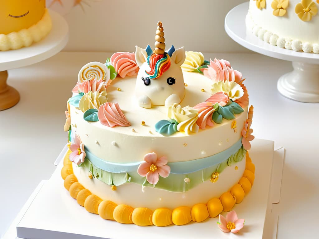  An ultradetailed, 8K resolution image of a whimsical, pastelcolored unicorn cake adorned with intricate fondant decorations such as rainbow mane, golden horn, and delicate flower embellishments. The cake is displayed on a pristine white cake stand against a soft, blurred background, showcasing the meticulous craftsmanship and creativity involved in modern cake decorating trends for children's parties. hyperrealistic, full body, detailed clothing, highly detailed, cinematic lighting, stunningly beautiful, intricate, sharp focus, f/1. 8, 85mm, (centered image composition), (professionally color graded), ((bright soft diffused light)), volumetric fog, trending on instagram, trending on tumblr, HDR 4K, 8K