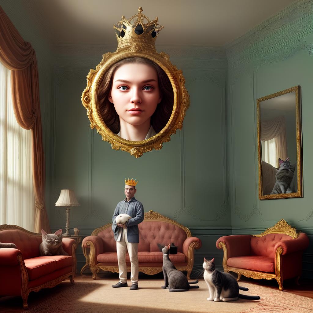  big room a man with a bag of pet food stands in the center of the room and looks at a cat sitting on a sofa with a crown on his head, photograph, irakli Nadar, shutterstock, digital art, ultra-realistic octagonal photo in 8k format, cute, beautiful photo, friends, bugs Portrait of a cat, image generated by artificial intelligence, with a kind face, amazing illustrations