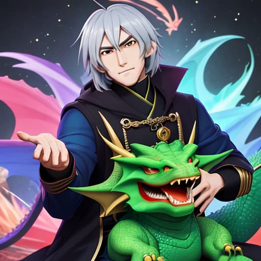  Dragon sat next to a person, anime style, difficult male, domineering point,