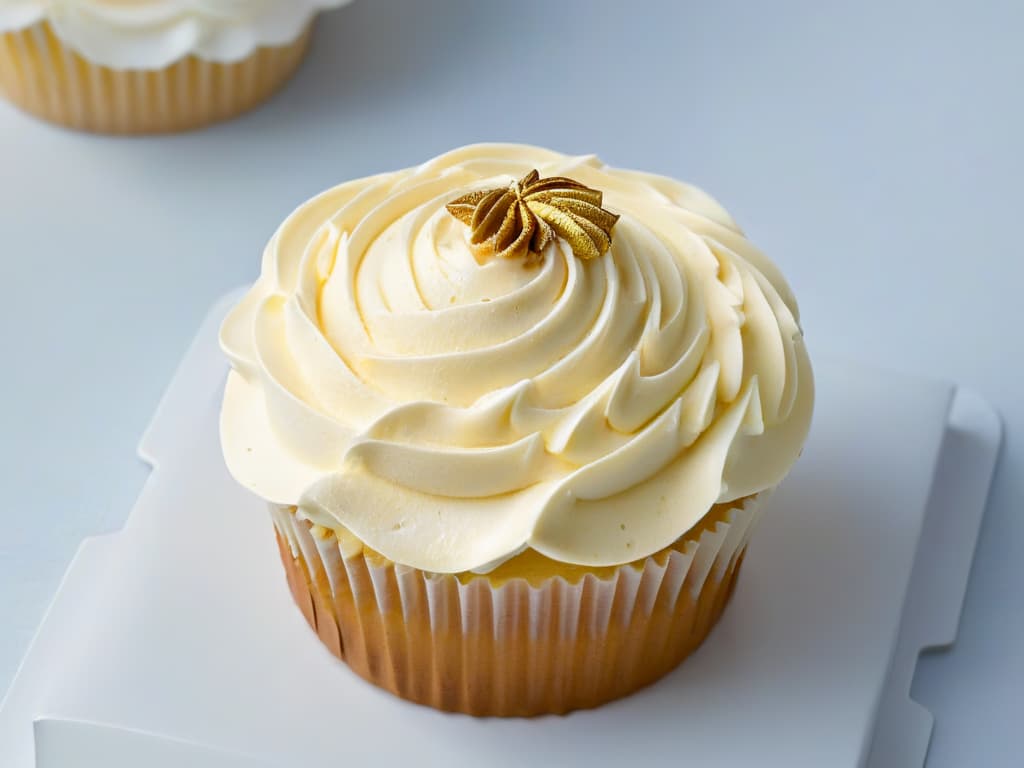  A closeup, ultradetailed image of a delicate, intricately piped swirl of caramelinfused buttercream frosting atop a freshly baked vanilla cupcake. The frosting is smooth and glossy, with a subtle golden hue that catches the light, highlighting the precise ridges and peaks created by the skilled pastry chef. The cupcake's moist crumb is visible through the translucent frosting, hinting at the decadent layers of flavor waiting to be savored. This minimalist image captures the essence of the meticulous artistry and nuanced flavors found in the world of pastry chemistry. hyperrealistic, full body, detailed clothing, highly detailed, cinematic lighting, stunningly beautiful, intricate, sharp focus, f/1. 8, 85mm, (centered image composition), (professionally color graded), ((bright soft diffused light)), volumetric fog, trending on instagram, trending on tumblr, HDR 4K, 8K