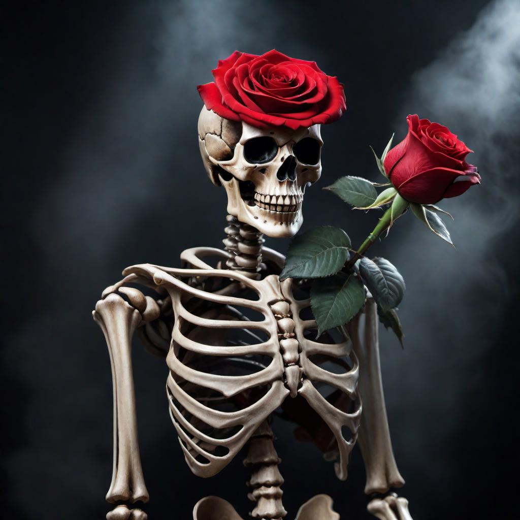  A skeleton holding a vibrant red rose in its bony hand, set against a dark and eerie background that enhances the gothic and mysterious atmosphere of the scene. hyperrealistic, full body, detailed clothing, highly detailed, cinematic lighting, stunningly beautiful, intricate, sharp focus, f/1. 8, 85mm, (centered image composition), (professionally color graded), ((bright soft diffused light)), volumetric fog, trending on instagram, trending on tumblr, HDR 4K, 8K