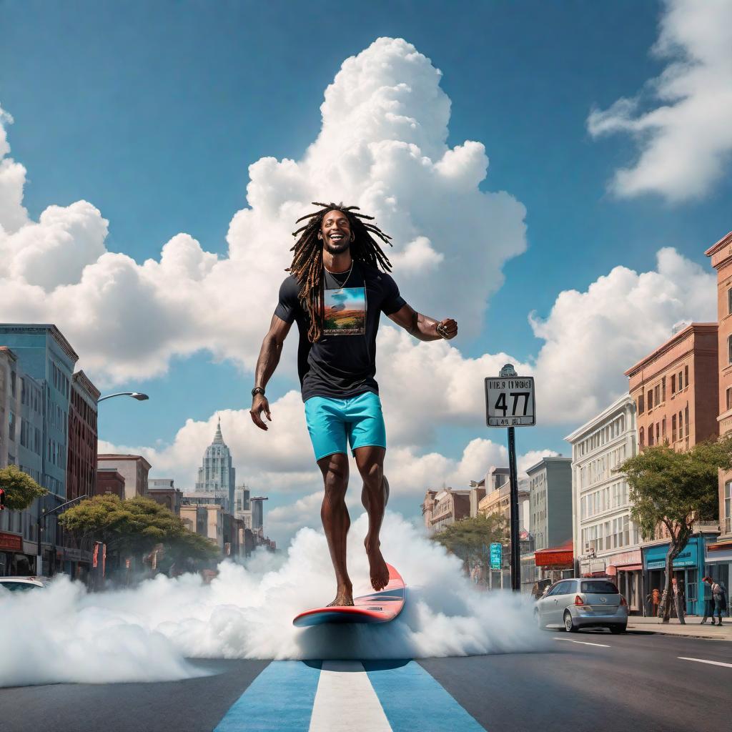  A black male with dreadlocks surfing on clouds heading towards a city situated among the clouds. Include a street sign that says '47th'. The man should look excited and joyful, and the scene should be whimsical and fantastical, with vibrant colors in the sky. Street sign prominently displays '47th'. hyperrealistic, full body, detailed clothing, highly detailed, cinematic lighting, stunningly beautiful, intricate, sharp focus, f/1. 8, 85mm, (centered image composition), (professionally color graded), ((bright soft diffused light)), volumetric fog, trending on instagram, trending on tumblr, HDR 4K, 8K