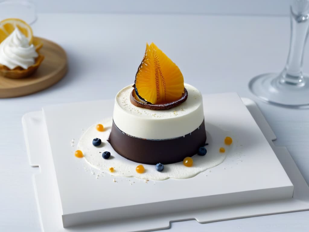  A highresolution, minimalist image of a beautifully plated modern dessert set on a sleek, futuristiclooking serving dish. The dessert is a deconstructed version of a classic dessert, showcasing a harmonious blend of traditional ingredients presented in a contemporary style. The focus is on the intricate details of the dessert, highlighting the innovative approach to traditional homemade sweets in the digital age. hyperrealistic, full body, detailed clothing, highly detailed, cinematic lighting, stunningly beautiful, intricate, sharp focus, f/1. 8, 85mm, (centered image composition), (professionally color graded), ((bright soft diffused light)), volumetric fog, trending on instagram, trending on tumblr, HDR 4K, 8K