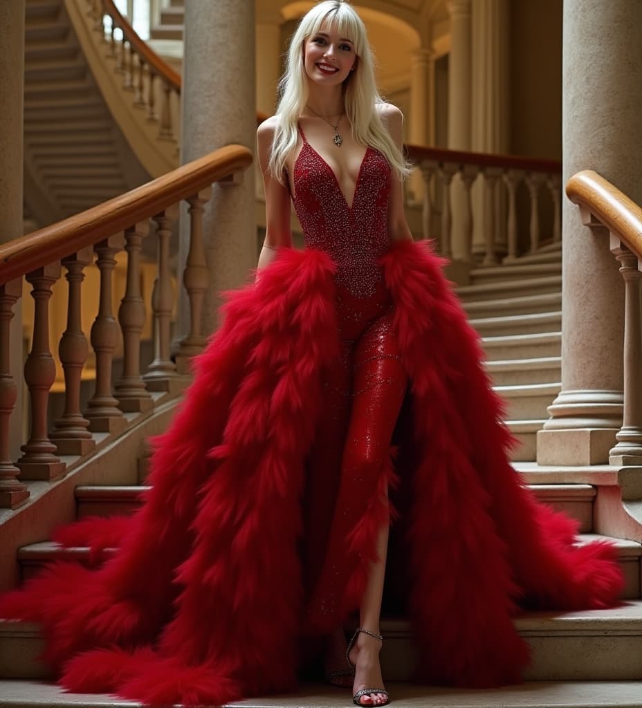  good quality, high quality, a 2 old is descending a grand staircase staircase. she is smiling. pale skin. she is . she is wearing a very big and long extravagant and gorgeous red . she is wearing extravagant jewelry. she is . her s are . enormous, mive s. her entire body is shown including her feet. photo.